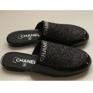 NIB Authentic CHANEL Logo Grey & Black Flats Mules Clogs Shoes 36